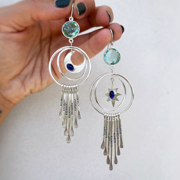 Celestial fringe hoops with aqua & iolite in silver