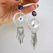 Celestial fringe hoops with amethyst & moonstone in silver