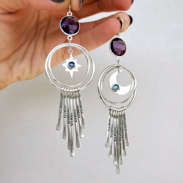 Celestial fringe hoops with amethyst & moonstone in silver