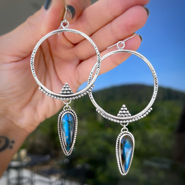 Hand-stamped silver hoops with labradorite dangles