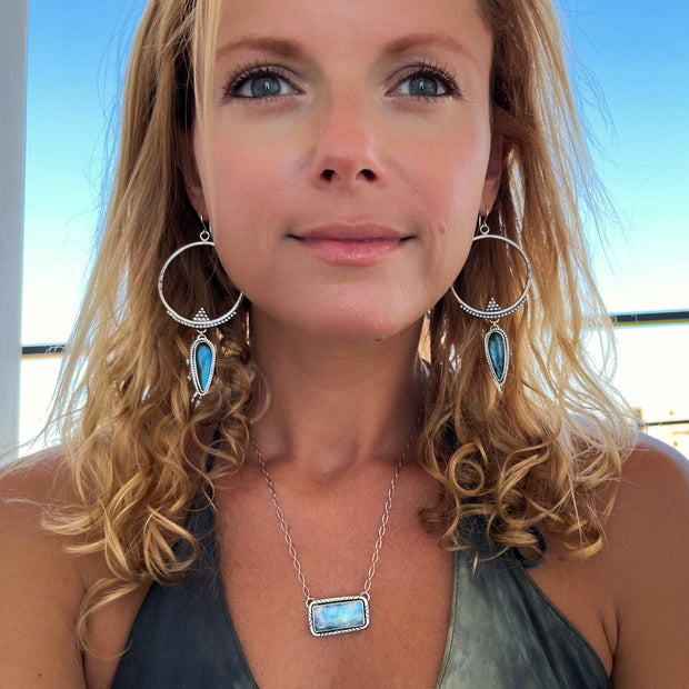 Hand-stamped silver hoops with labradorite dangles