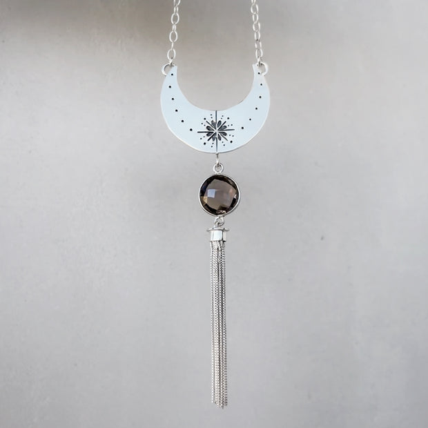 Hand-stamped moon tassel necklace with smoky quartz in silver