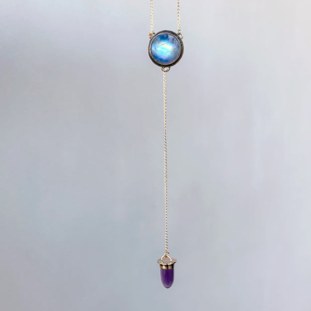 Moonstone & amethyst lariat necklace in 14K gold-fill