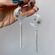 Hand-stamped moon tassel earrings with moonstone in silver