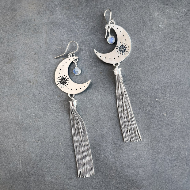 Hand-stamped moon tassel earrings with moonstone in silver