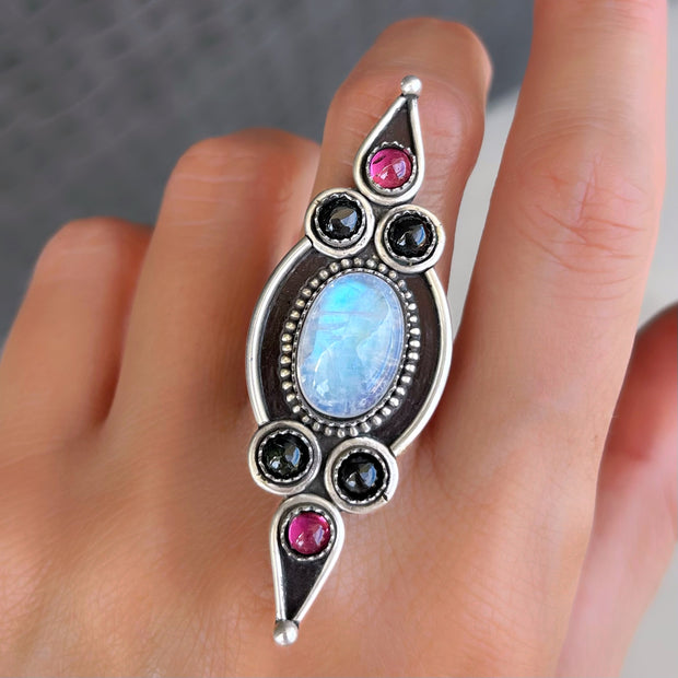 Esmeralda ring with moonstone & amethyst