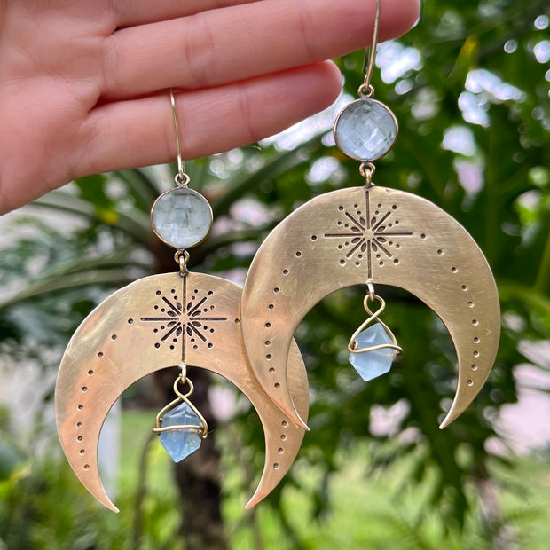Stamped brass moon earrings with aqua quartz & fluorite