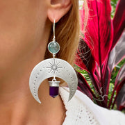 Stamped silver moon earrings with aqua quartz & amethyst