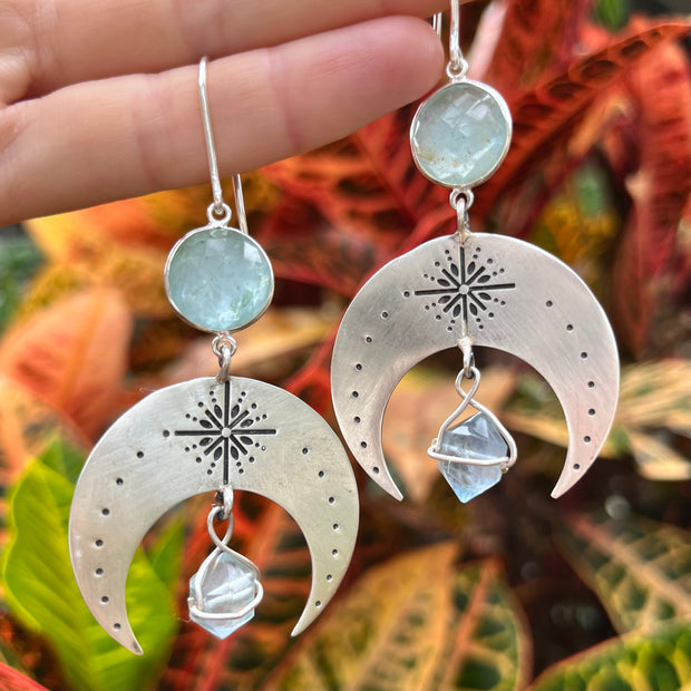 Stamped silver moon earrings with aqua quartz & fluorite