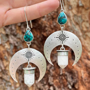 Stamped silver moon earrings with turquoise & howlite