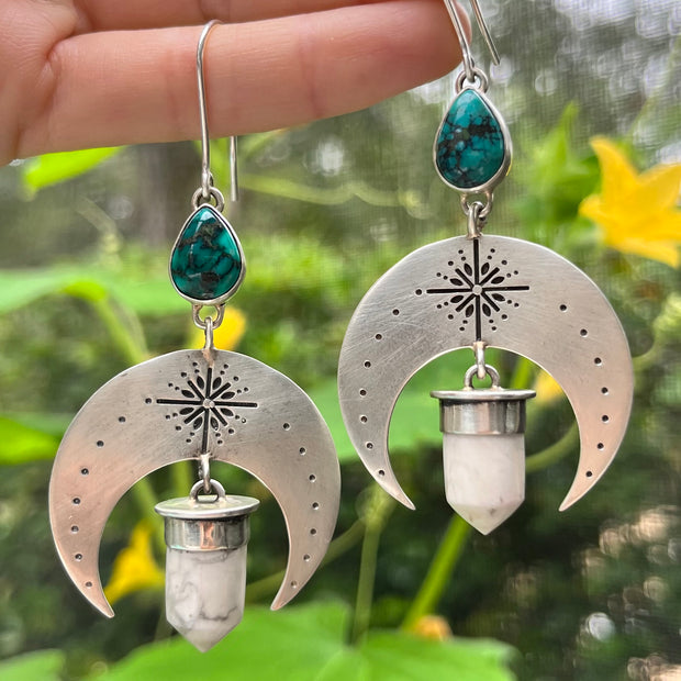 Stamped silver moon earrings with turquoise & howlite