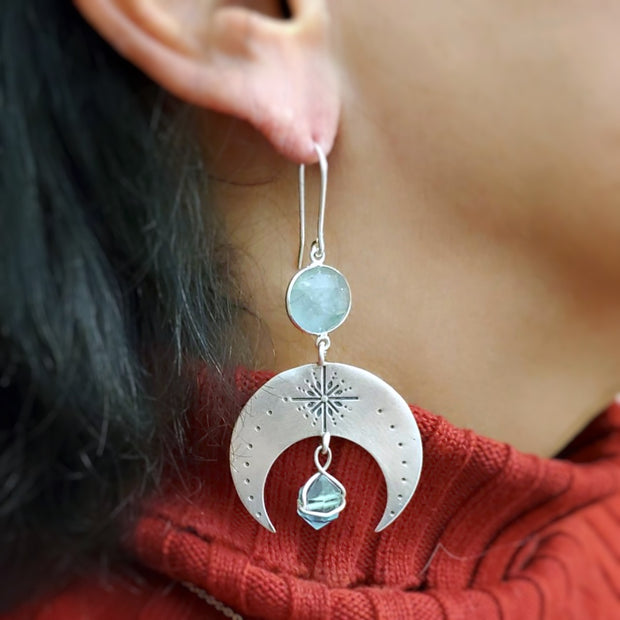 Stamped silver moon earrings with aqua quartz & fluorite