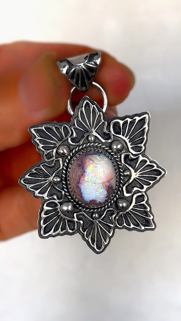 Stamped star necklace with hydrophane opal