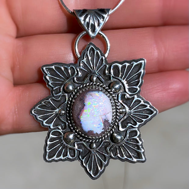 Stamped star necklace with hydrophane opal