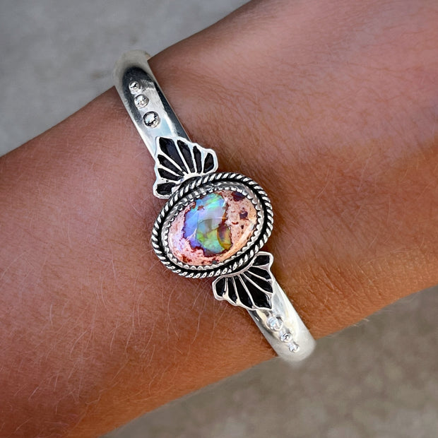 Stamped Mexican opal cuff in silver