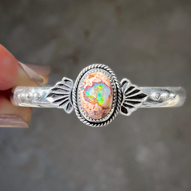 Stamped Mexican opal cuff in silver