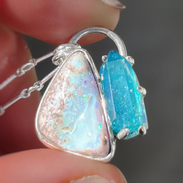 Opal & aqua aura quartz necklace in silver