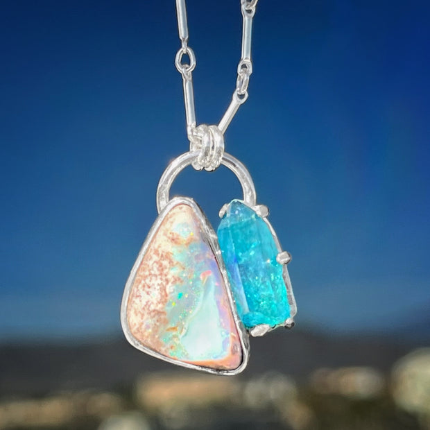 Opal & aqua aura quartz necklace in silver