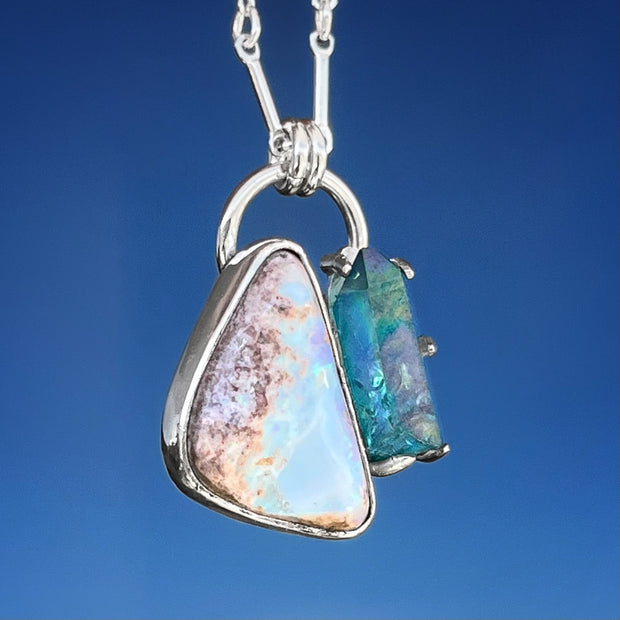 Opal & aqua aura quartz necklace in silver