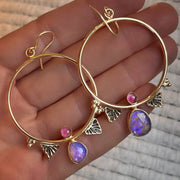 Rare crystal pipe opal & tourmaline hoop earrings in 14K gold and gold-fill
