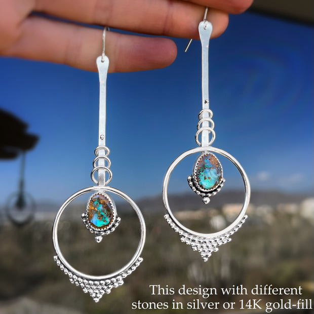 Large pendulum earrings with Mexican opal ovals