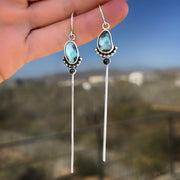 Rare crystal pipe opal & tourmaline dangle earrings in silver