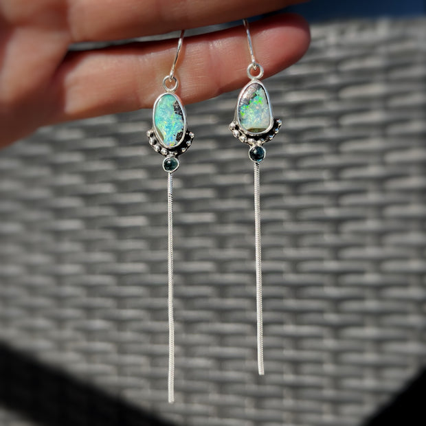 Rare crystal pipe opal & tourmaline dangle earrings in silver