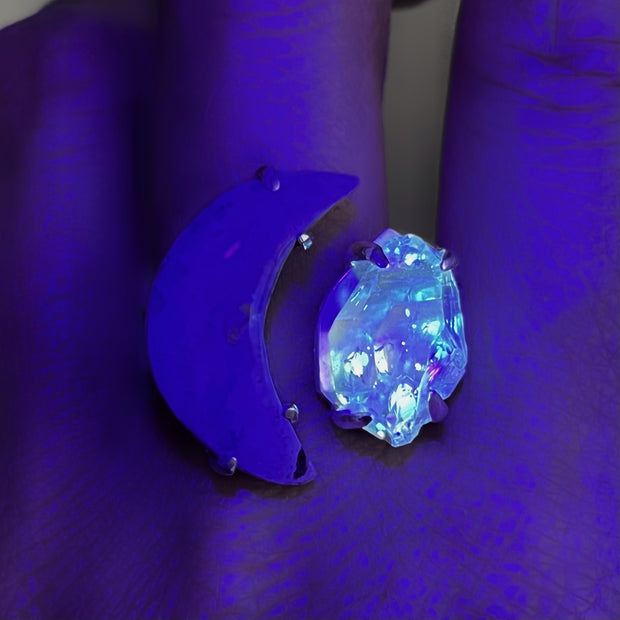 Opal moon & quartz ring - glows in UV light