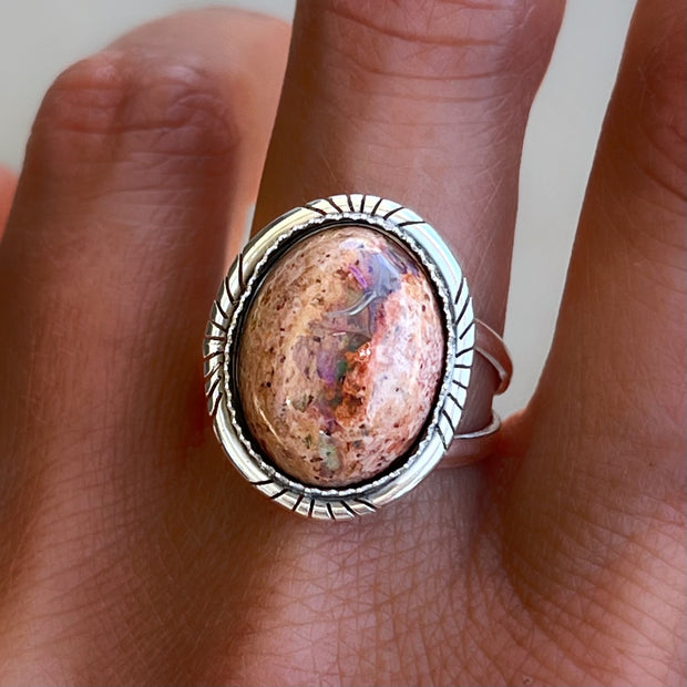 Mexican opal cutout border ring in silver