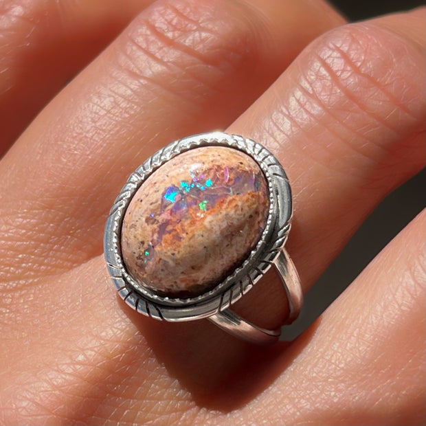Mexican opal cutout border ring in silver