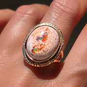 Mexican girasol fire opal cutout border ring in 14K gold-fill
