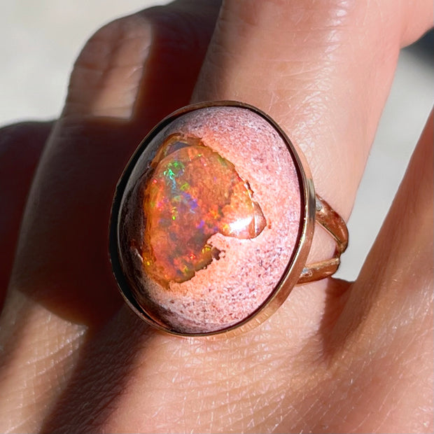 Mexican girasol fire opal ring in 14K gold-fill