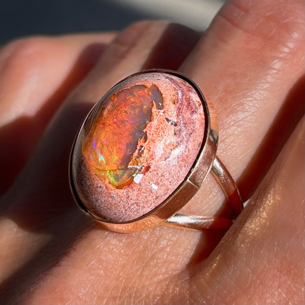 Mexican girasol fire opal ring in 14K gold-fill