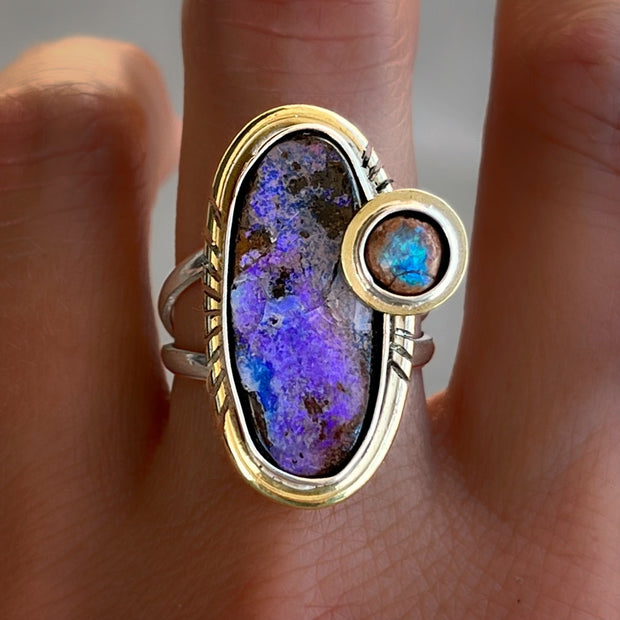 Opal-on-opal ring in silver & brass