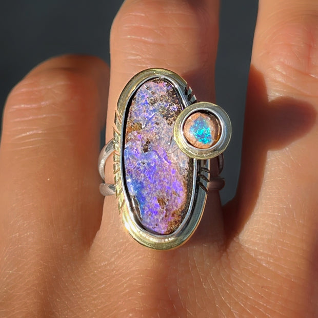 Opal-on-opal ring in silver & brass