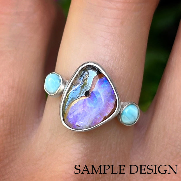 Made-to-order 3-stone ring with blue Mexican opal