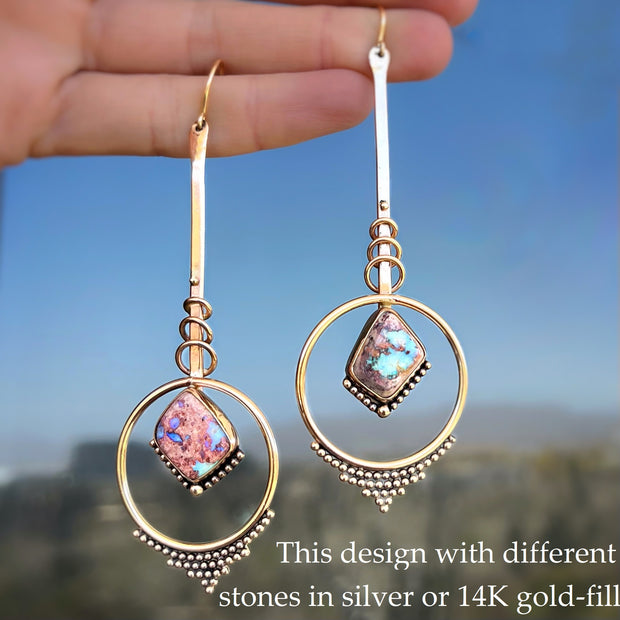 Small pendulum earrings with diamond-shaped Mexican opals