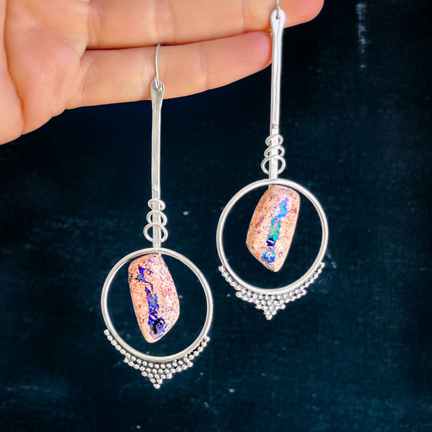 Large pendulum earrings with diamond-shaped Mexican opals