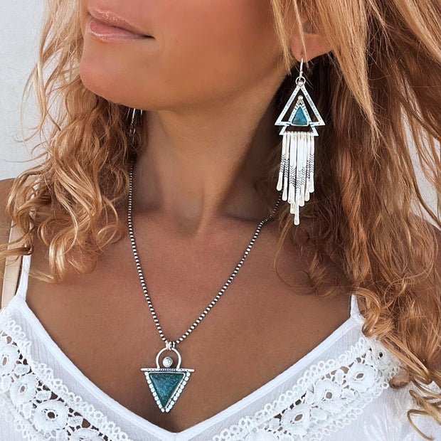 Turquoise triangle fringe earrings in silver