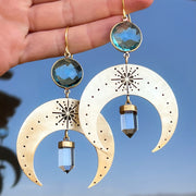 Stamped brass moon earrings with aqua quartz & crystal points