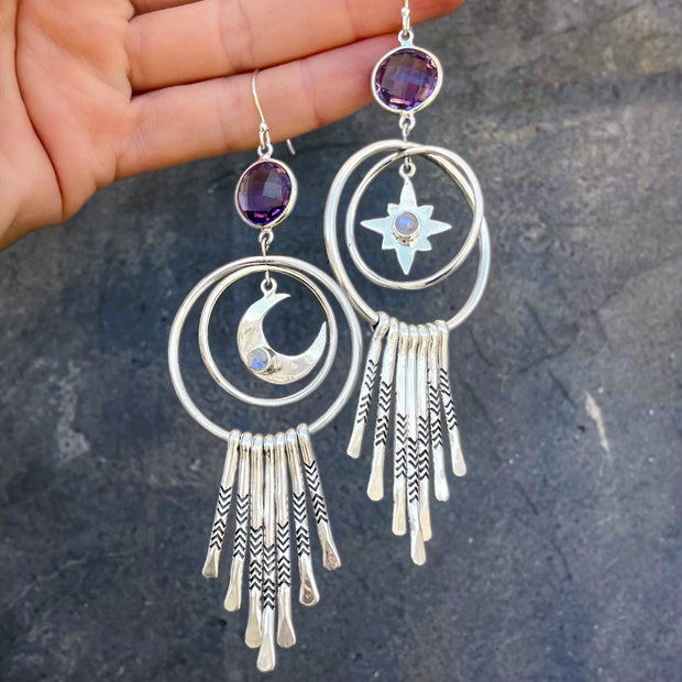 Celestial fringe hoops with amethyst & moonstone in silver