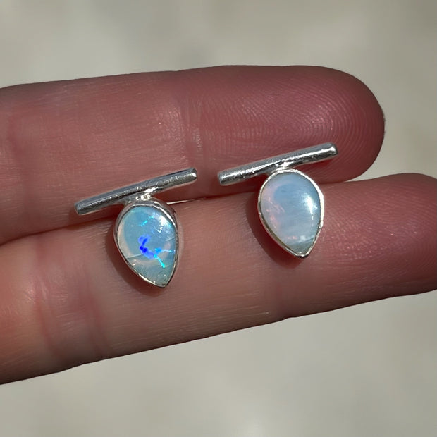Teardrop opal bar studs in silver