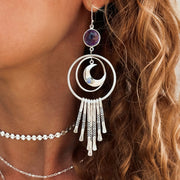 Celestial fringe hoops with amethyst & moonstone in silver