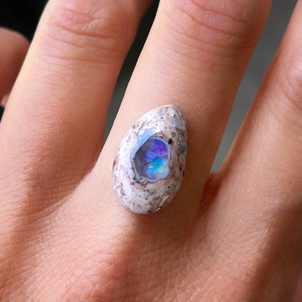 Made-to-order 3-stone ring with blue Mexican opal
