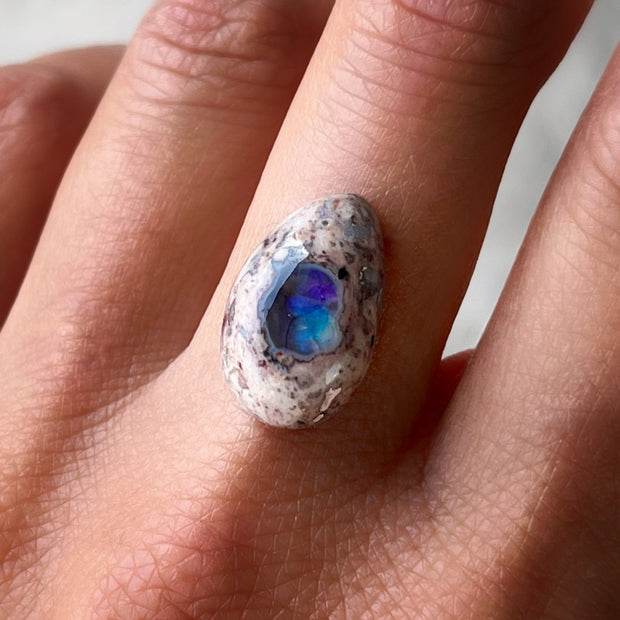 Made-to-order 3-stone ring with blue Mexican opal