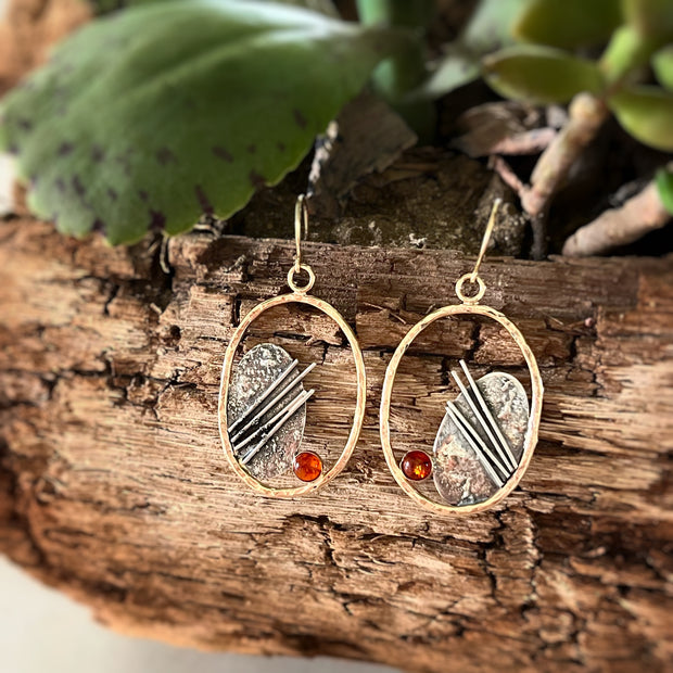 Textured hoops with amber in 14K gold-fill & silver