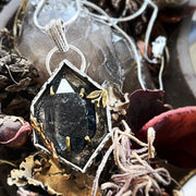 Smoky quartz shadowbox necklace in silver & brass