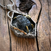 Smoky quartz shadowbox necklace in silver & brass