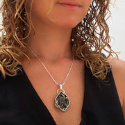 Smoky quartz shadowbox necklace in silver & brass