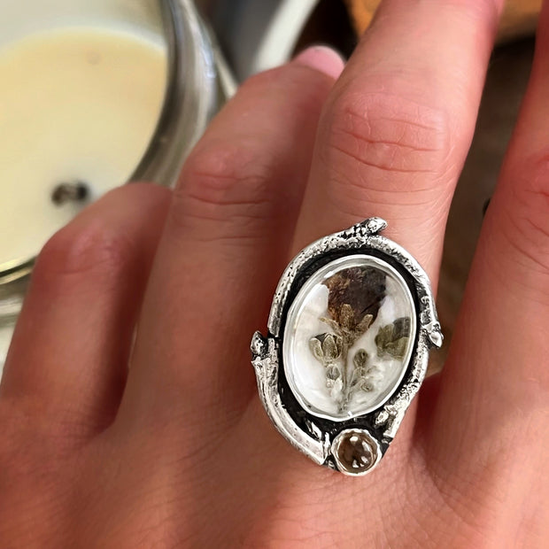Floral terrarium ring with smoky quartz in silver